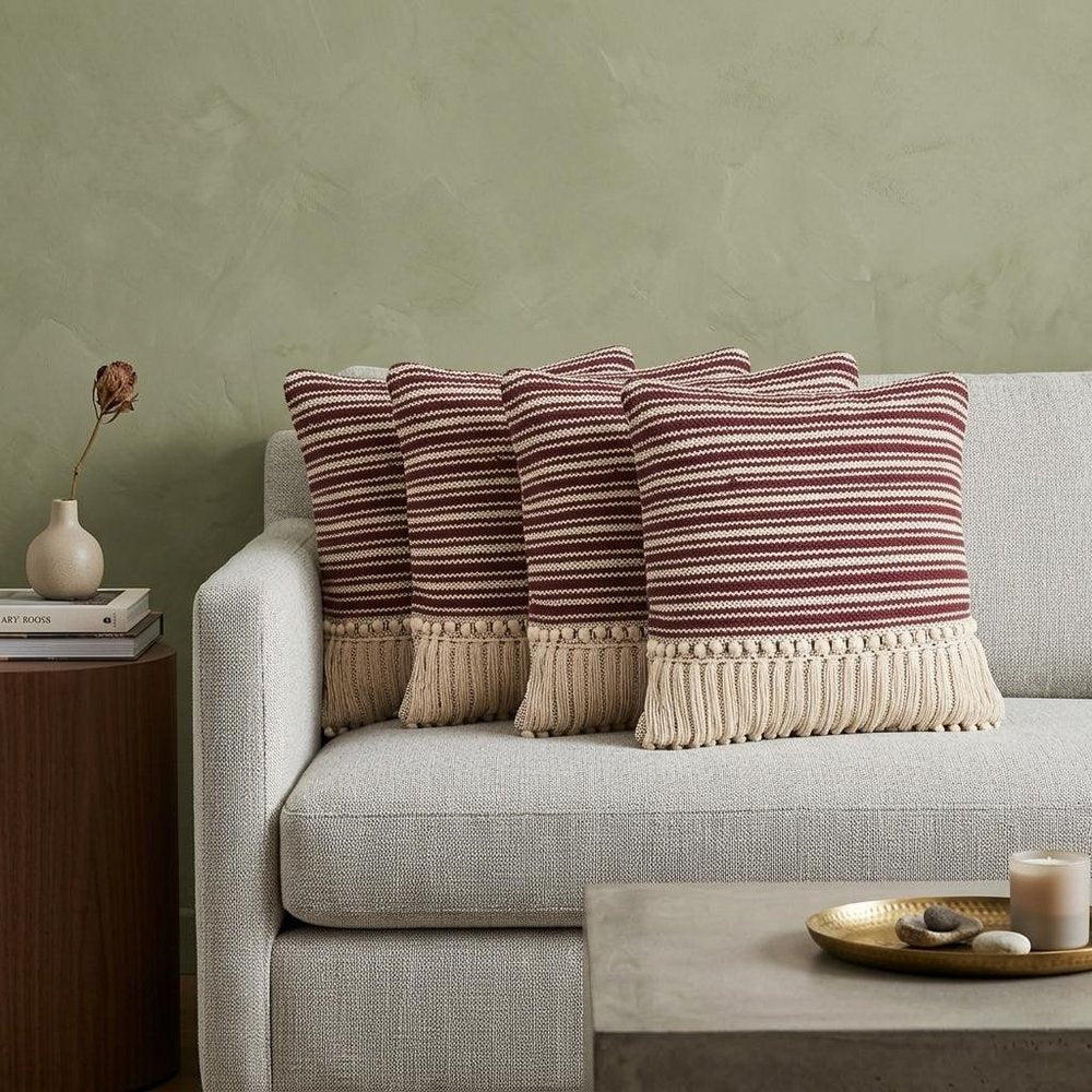 Set of Four 20" X 20" Maroon And Ivory Lumbar Striped Cotton Throw Pillow Covers with Tassels — view 4