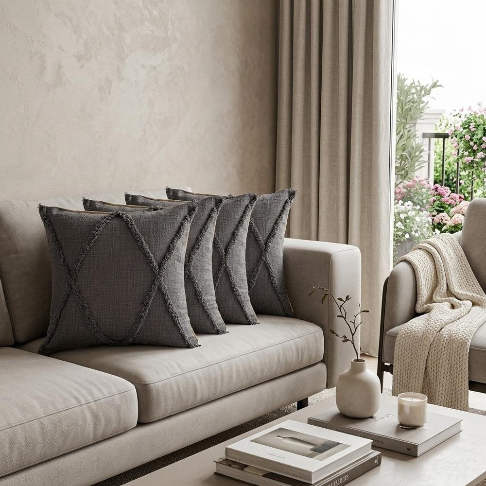 Set of Four 20" Dark Gray Diamond Cotton Throw Pillow Covers with Tufts