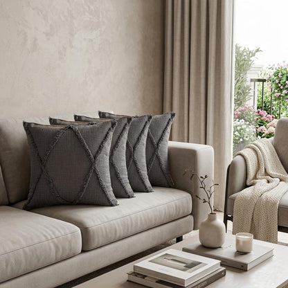 Set of Four 20" Dark Gray Diamond Cotton Throw Pillow Covers with Tufts