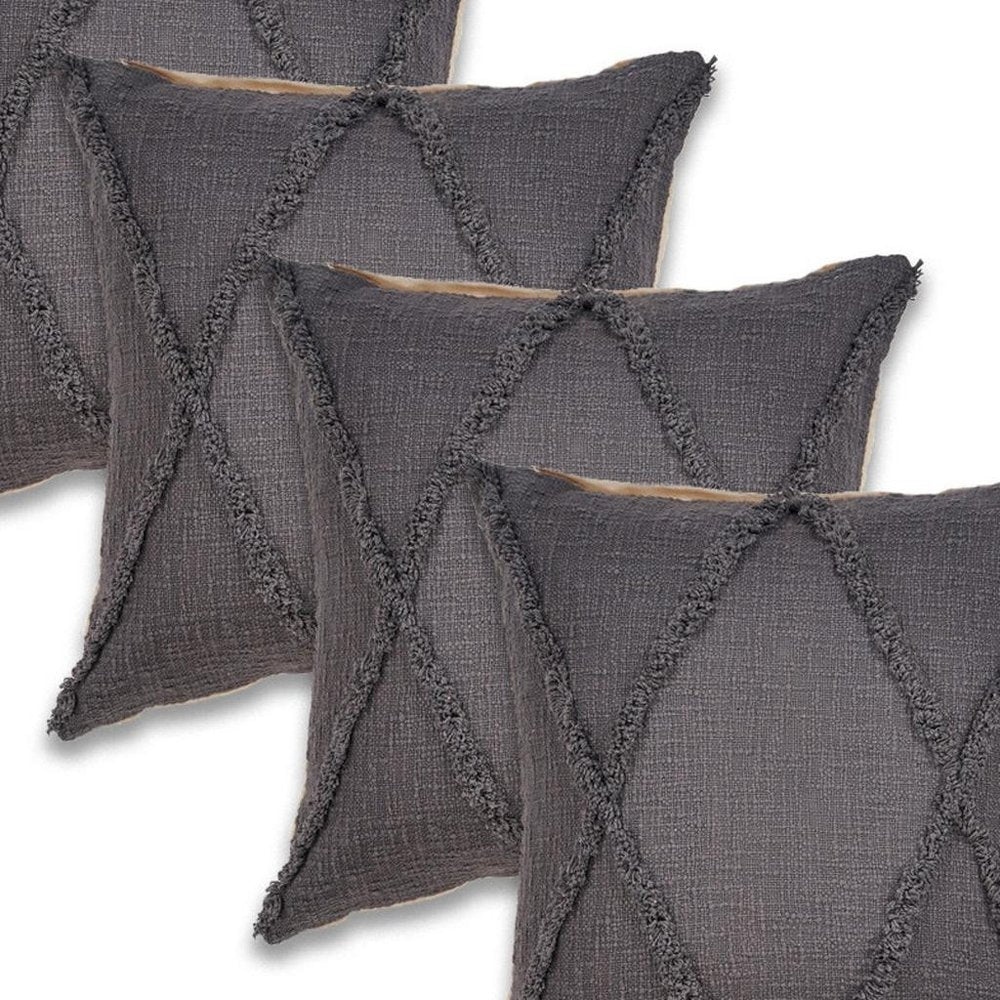 Set of Four 20" Dark Gray Diamond Cotton Throw Pillow Covers with Tufts