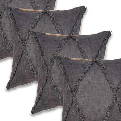 Set of Four 20" Dark Gray Diamond Cotton Throw Pillow Covers with Tufts
