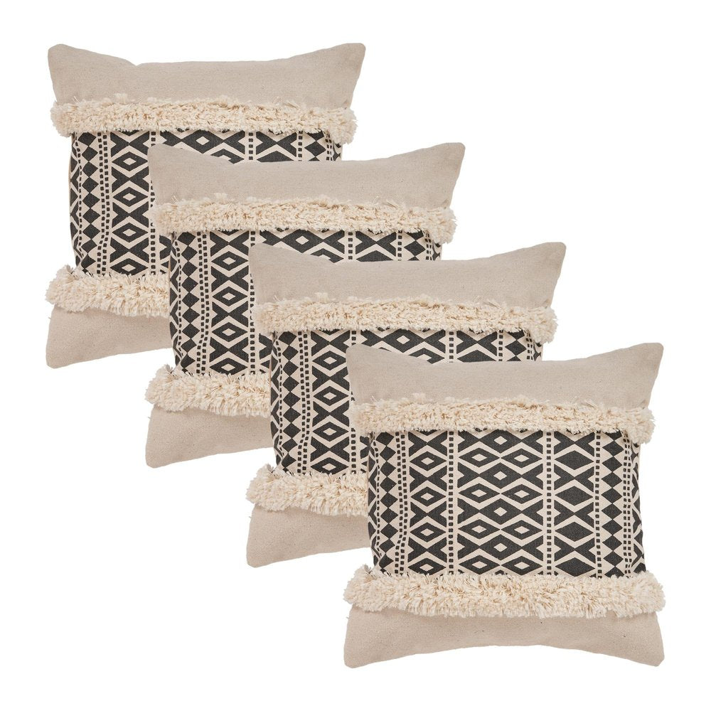 Set of Four 18" X 18" Black And Natural Lumbar Geometric Cotton Throw Pillow Covers with Fringe — view 1