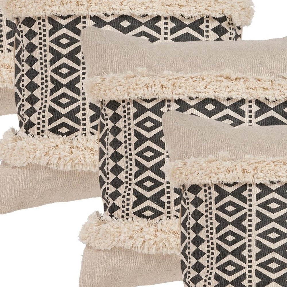 Set of Four 18" X 18" Black And Natural Lumbar Geometric Cotton Throw Pillow Covers with Fringe — view 3