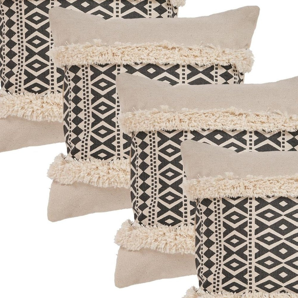 Set of Four 18" X 18" Black And Natural Lumbar Geometric Cotton Throw Pillow Covers with Fringe — view 4
