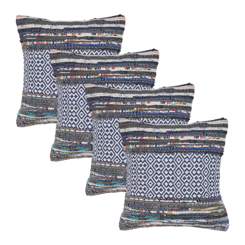 Set of Four 18" X 18" Navy Blue And Off White Lumbar Striped Cotton Blend Throw Pillow Covers with Tufts — view 1