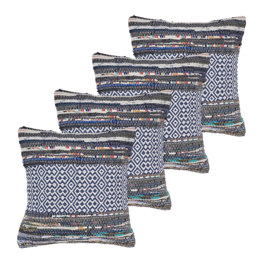 Set of Four 18" X 18" Navy Blue And Off White Lumbar Striped Cotton Blend Throw Pillow Covers with Tufts — view 2