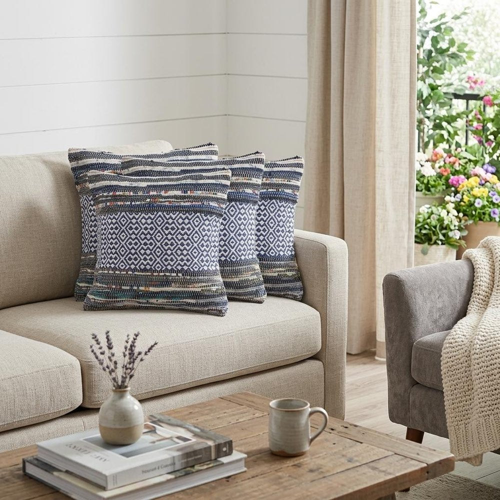 Set of Four 18" X 18" Navy Blue And Off White Lumbar Striped Cotton Blend Throw Pillow Covers with Tufts — view 3