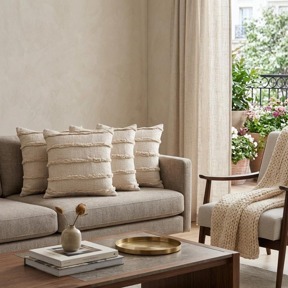 Set of Four 20" Beige Striped Cotton Throw Pillow Covers with Tufts