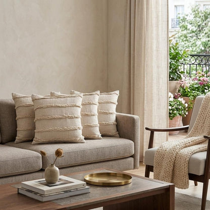 Set of Four 20" Beige Striped Cotton Throw Pillow Covers with Tufts