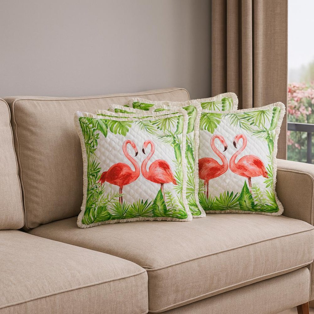 Set of Four 20" X 20" Green And Pink Lumbar Flamingo Beach Zebra Print Throw Pillow Covers — view 5