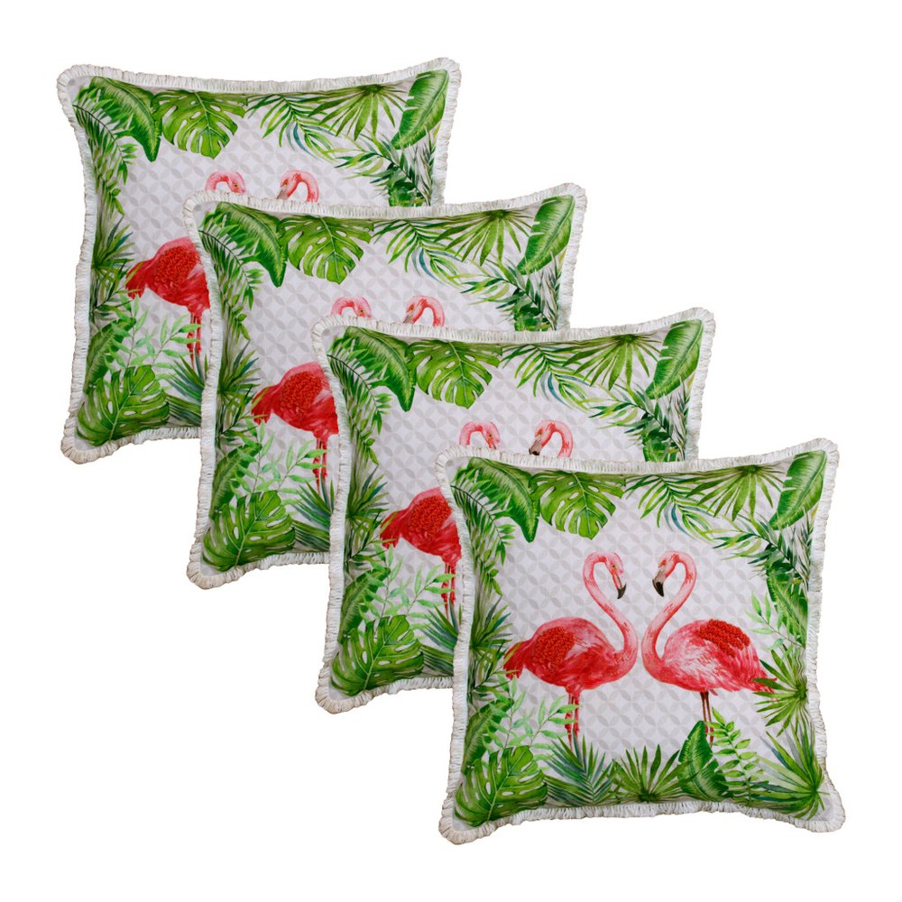 Set of Four 20" X 20" Green And Pink Lumbar Flamingo Beach Zebra Print Throw Pillow Covers — view 1
