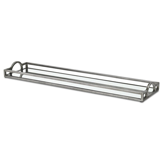 32" Silver Metal And Mirrored Glass Handmade Vanity Tray With Handles
