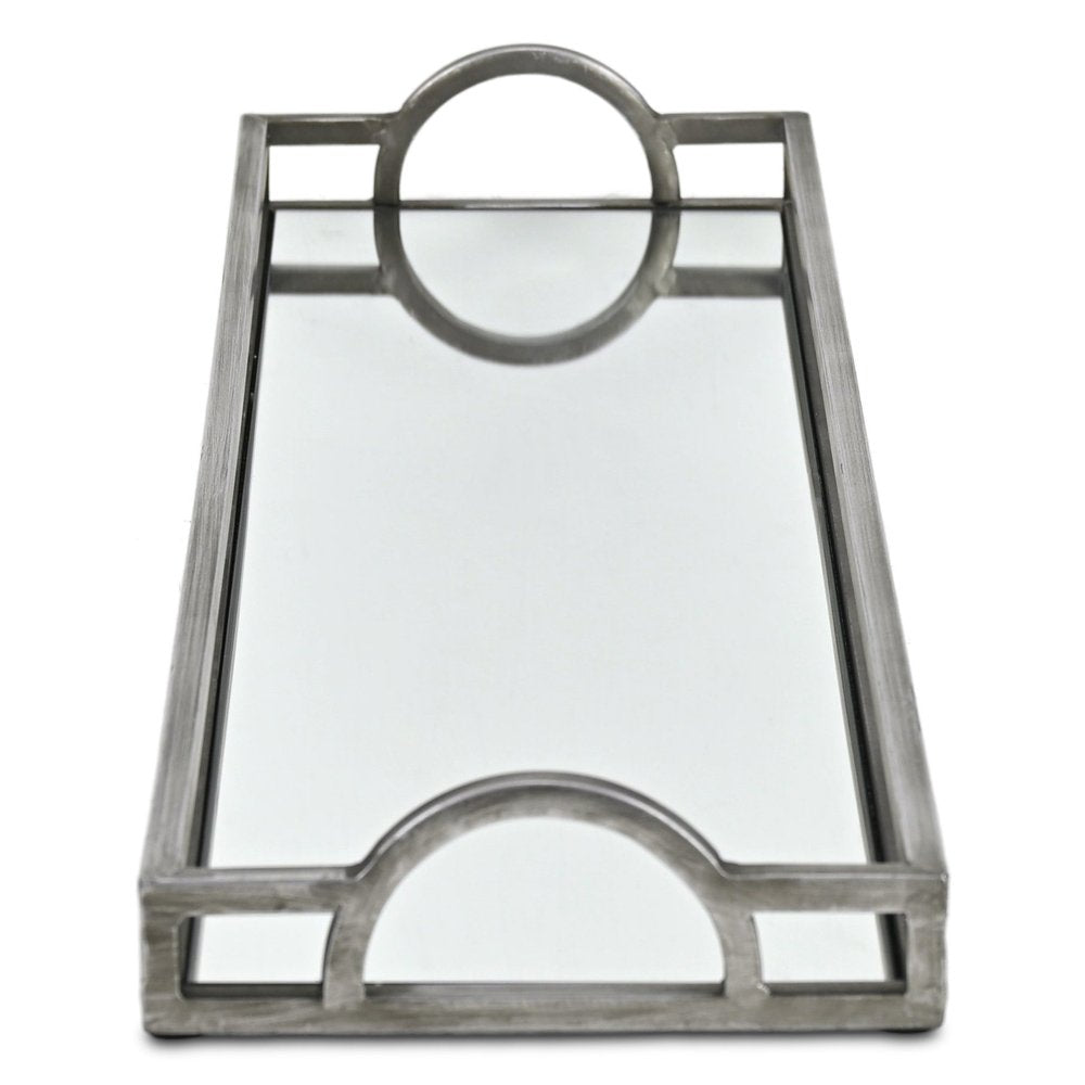 32" Silver Metal And Mirrored Glass Handmade Vanity Tray With Handles HomeRoots