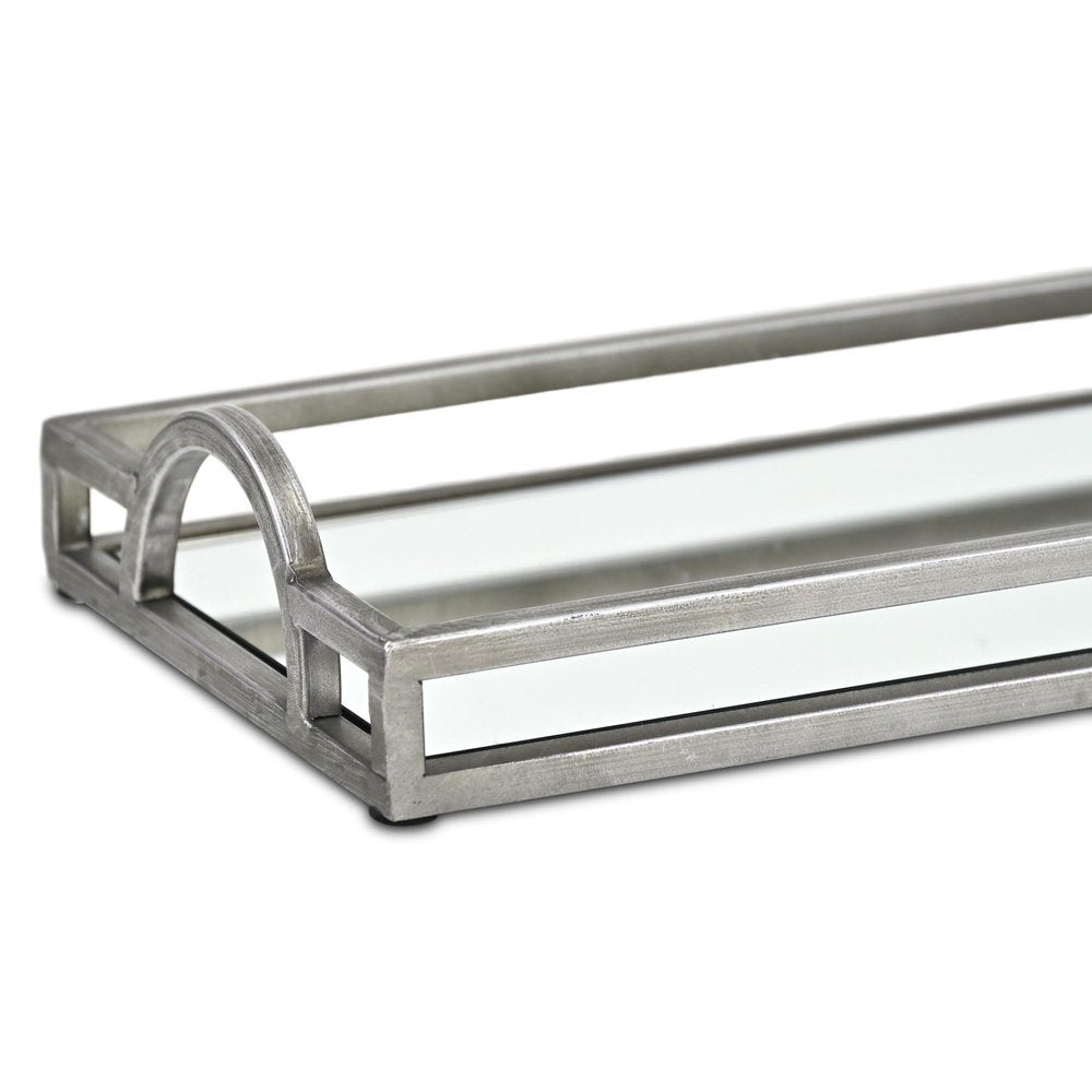 32" Silver Metal And Mirrored Glass Handmade Vanity Tray With Handles — view 5