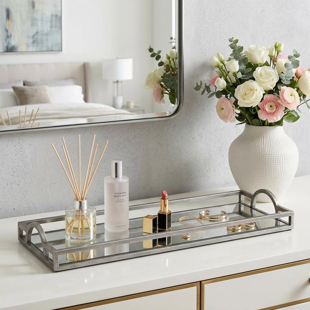 32" Silver Metal And Mirrored Glass Handmade Vanity Tray With Handles HomeRoots