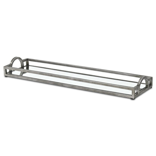 24" Silver Metal And Mirrored Glass Handmade Vanity Tray With Handles