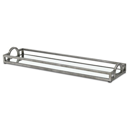 24" Silver Metal And Mirrored Glass Handmade Vanity Tray With Handles
