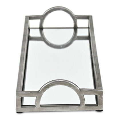 24" Silver Metal And Mirrored Glass Handmade Vanity Tray With Handles HomeRoots
