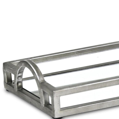24" Silver Metal And Mirrored Glass Handmade Vanity Tray With Handles