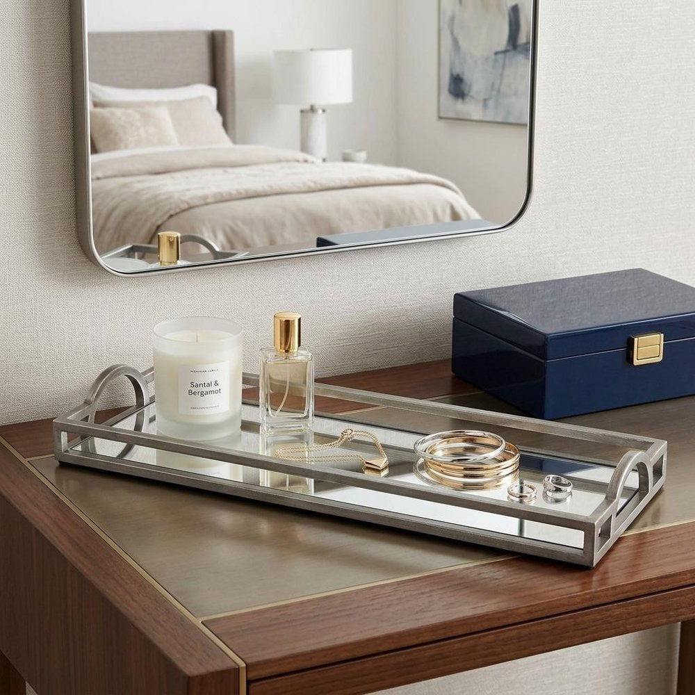 24" Silver Metal And Mirrored Glass Handmade Vanity Tray With Handles — view 1