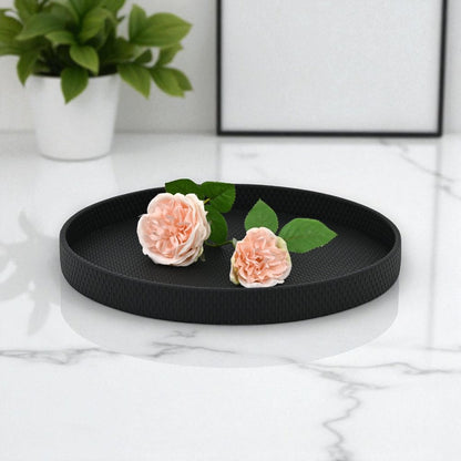 15" Black Faux Wicker Round Serving Tray HomeRoots