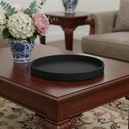 15" Black Faux Wicker Round Serving Tray HomeRoots