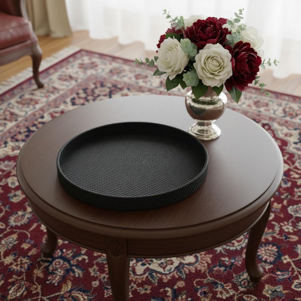15" Black Faux Wicker Round Serving Tray HomeRoots