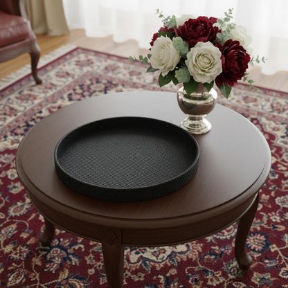 15" Black Faux Wicker Round Serving Tray HomeRoots