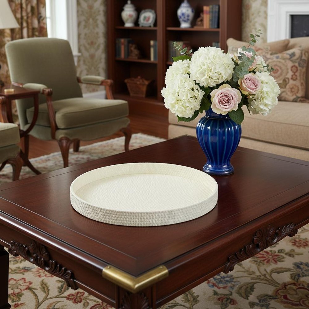 15" White Faux Wicker Round Serving Tray HomeRoots