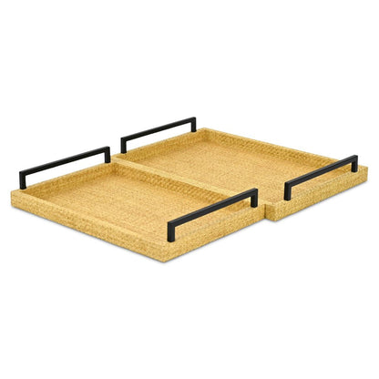 Set of Two Light Brown Faux Wicker Rectangular Serving Trays HomeRoots