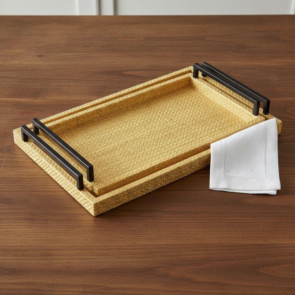 Set of Two Light Brown Faux Wicker Rectangular Serving Trays HomeRoots