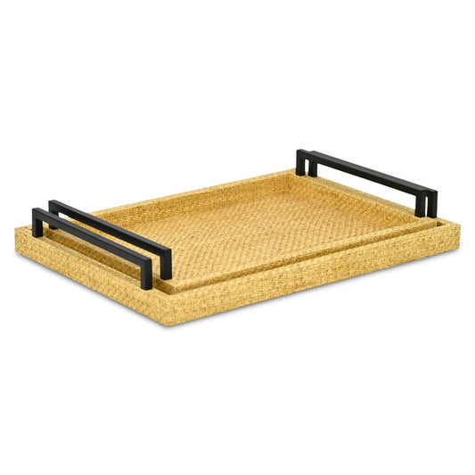 Set of Two Light Brown Faux Wicker Rectangular Serving Trays HomeRoots