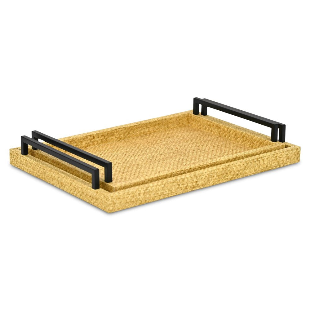 Set of Two Light Brown Faux Wicker Rectangular Serving Trays HomeRoots