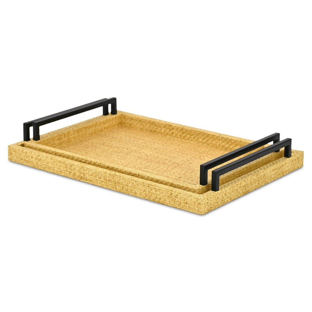Set of Two Light Brown Faux Wicker Rectangular Serving Trays HomeRoots