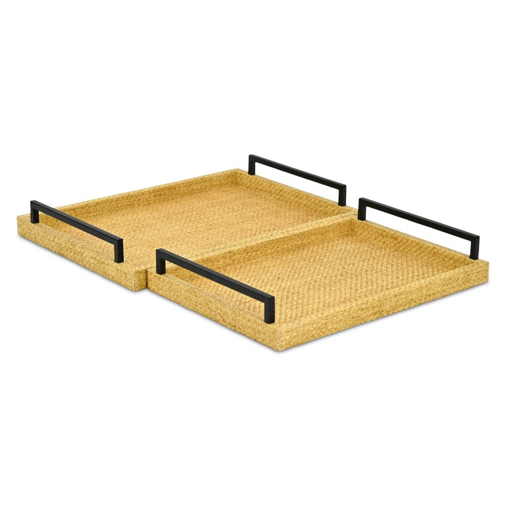 Set of Two Light Brown Faux Wicker Rectangular Serving Trays HomeRoots