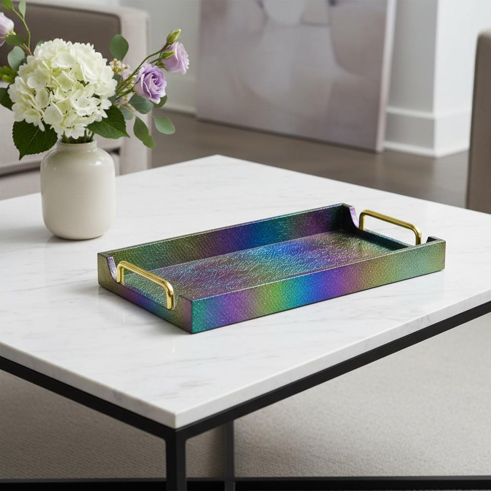 16" Rainbow Faux Shagreen Serving Tray With Handles HomeRoots