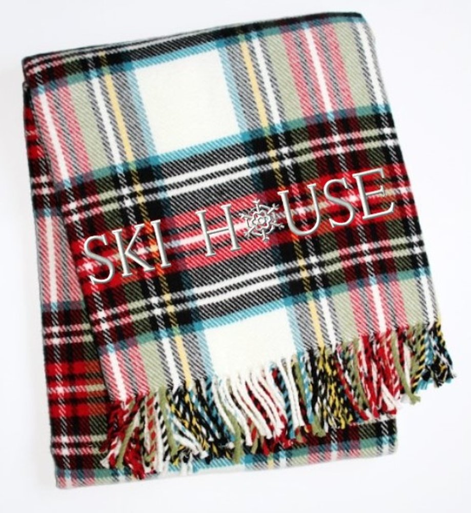 55" X 70" Black Red And White Plaid Cotton Blend Ski House Embroidered Throw Blanket with Fringe HomeRoots