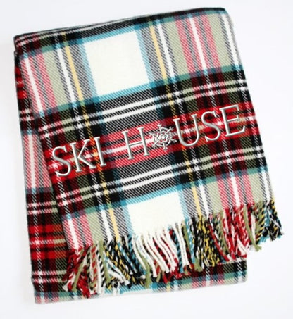 55" X 70" Black Red And White Plaid Cotton Blend Ski House Embroidered Throw Blanket with Fringe HomeRoots