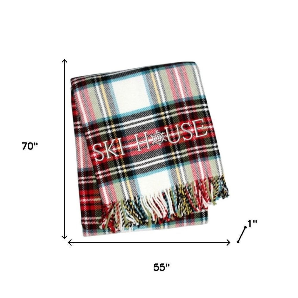 55" X 70" Black Red And White Plaid Cotton Blend Ski House Embroidered Throw Blanket with Fringe HomeRoots