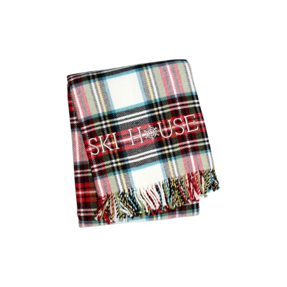 55" X 70" Black Red And White Plaid Cotton Blend Ski House Embroidered Throw Blanket with Fringe HomeRoots