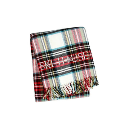 55" X 70" Black Red And White Plaid Cotton Blend Ski House Embroidered Throw Blanket with Fringe HomeRoots
