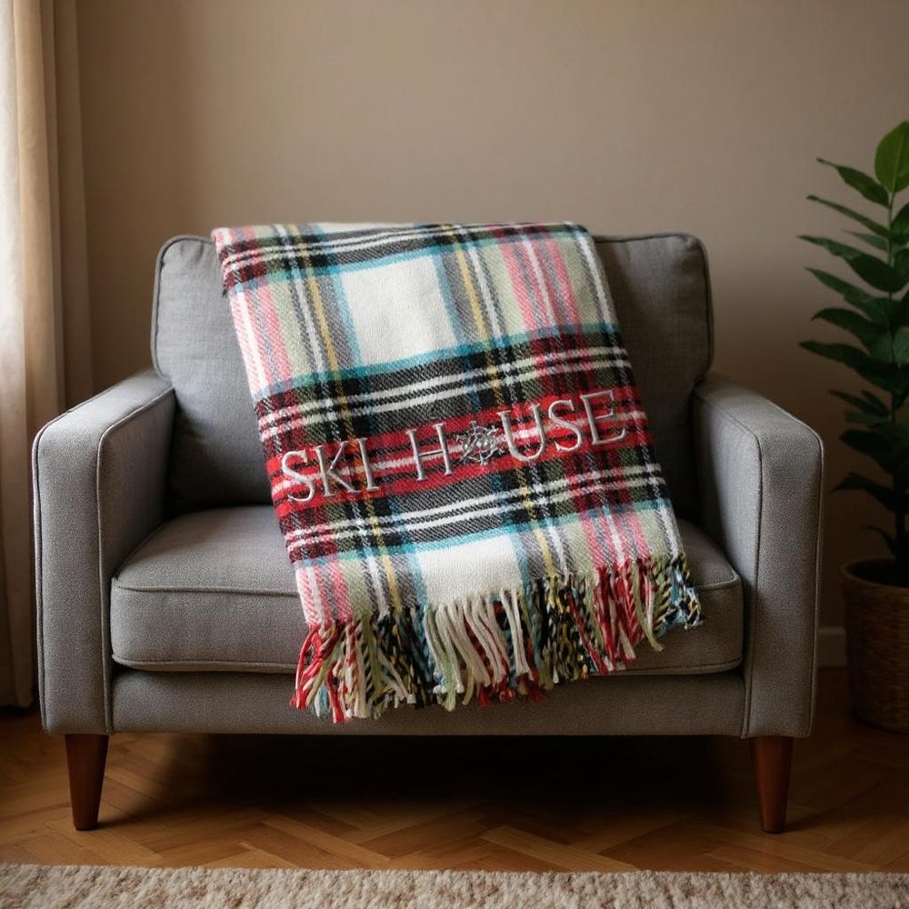 55" X 70" Black Red And White Plaid Cotton Blend Ski House Embroidered Throw Blanket with Fringe HomeRoots