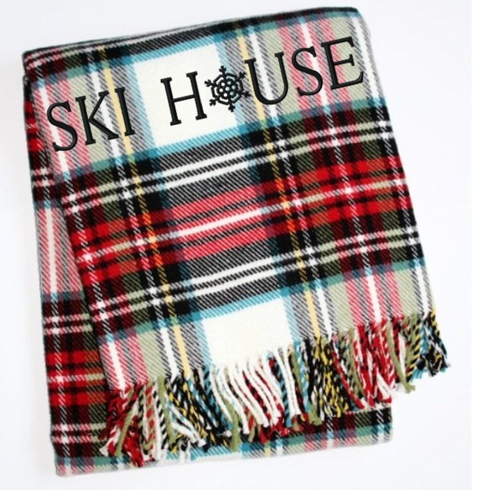 55" X 70" Black Red And White Plaid Cotton Blend Ski House Embroidered Throw Blanket with Fringe HomeRoots