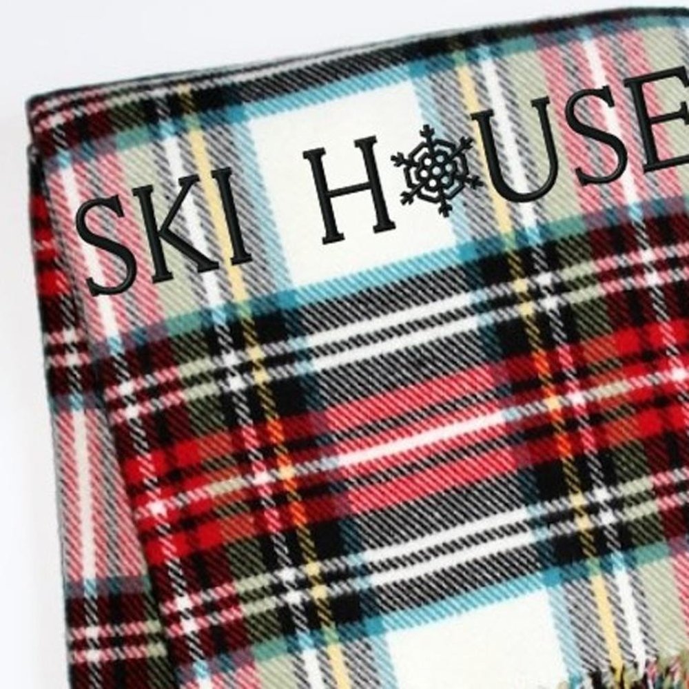 55" X 70" Black Red And White Plaid Cotton Blend Ski House Embroidered Throw Blanket with Fringe HomeRoots