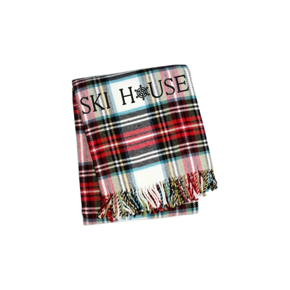 55" X 70" Black Red And White Plaid Cotton Blend Ski House Embroidered Throw Blanket with Fringe HomeRoots