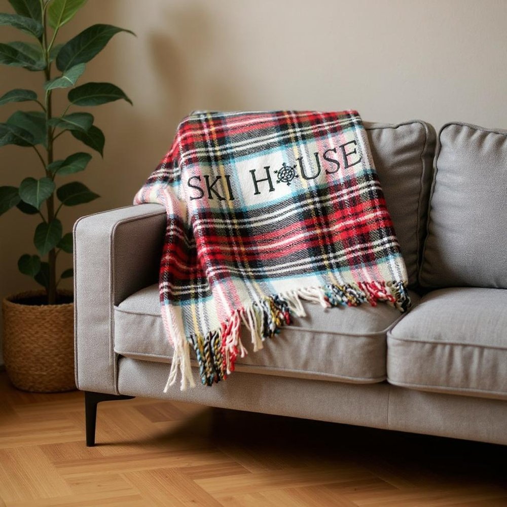 55" X 70" Black Red And White Plaid Cotton Blend Ski House Embroidered Throw Blanket with Fringe HomeRoots