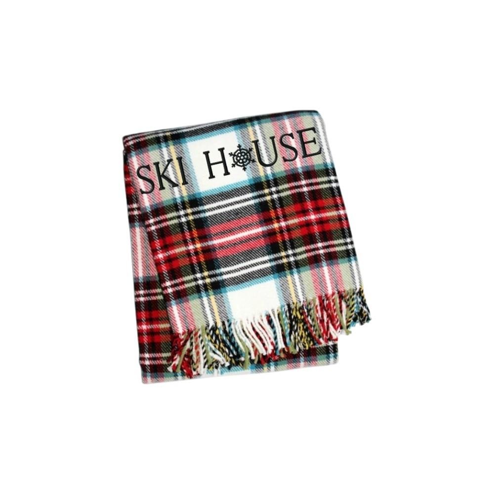 55" X 70" Black Red And White Plaid Cotton Blend Ski House Embroidered Throw Blanket with Fringe — view 6