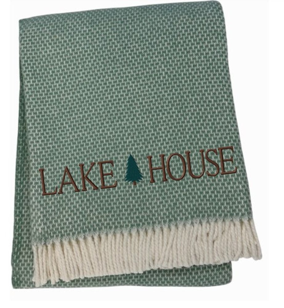 55" X 70" Sage And White Cotton Blend Lake House Embroidered Throw Blanket with Fringe HomeRoots