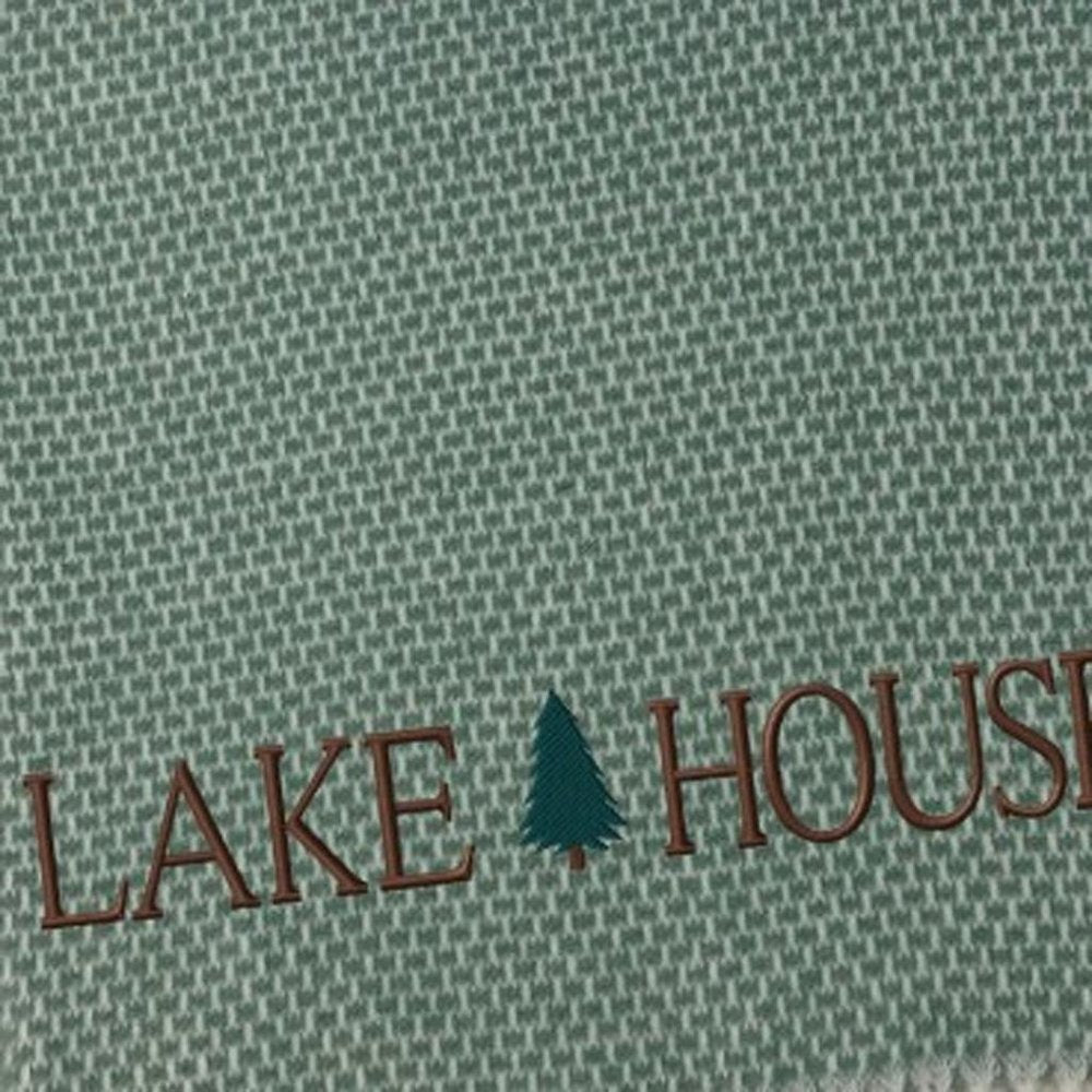 55" X 70" Sage And White Cotton Blend Lake House Embroidered Throw Blanket with Fringe HomeRoots