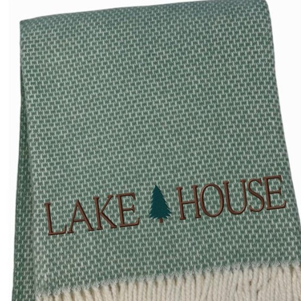 55" X 70" Sage And White Cotton Blend Lake House Embroidered Throw Blanket with Fringe HomeRoots